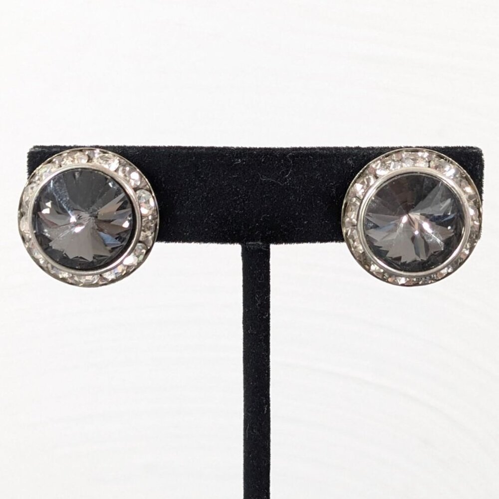 Vintage Gray Rivoli Crystal Halo Clip‎ On Earrings Silver Tone Evening Glam